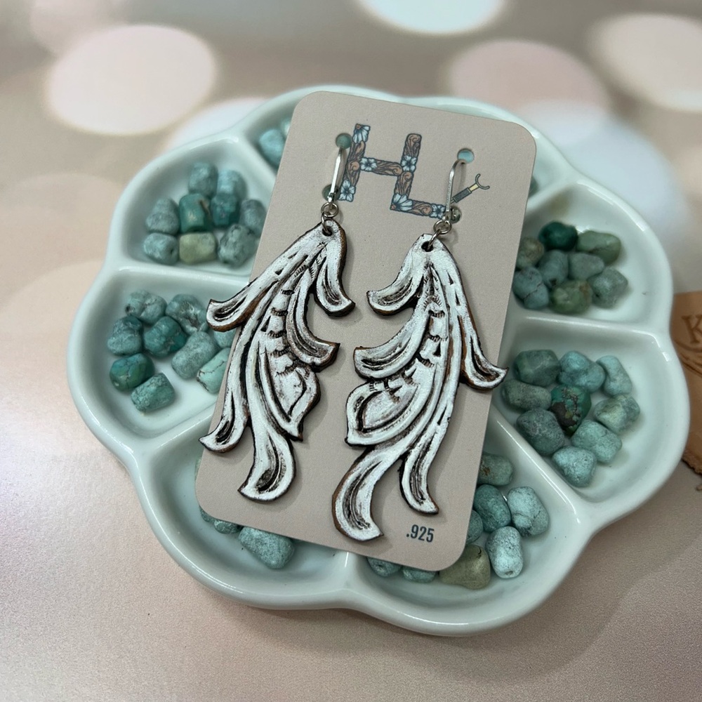 Hand Tooled Leather Earrings White
